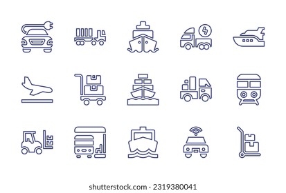 Transportation line icon set. Editable stroke. Vector illustration. Containing electric car, truck, ship, yacht, land, trolley, freight, lorry, railway, forklift, bus stop, car, hand truck.