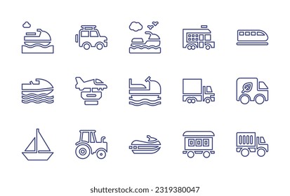 Transportation line icon set. Editable stroke. Vector illustration. Containing  jet ski, car, delivery truck, boat, unicycle, crane, car lift, ship, plane, scooter, motorcycle, train.