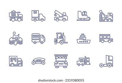 Transportation line icon set. Editable stroke. Vector illustration. Containing truck, tow truck, sleigh, well drilling truck, canoe, van cargo, forklift, boat, jeepney, delivery truck, futuristic, car