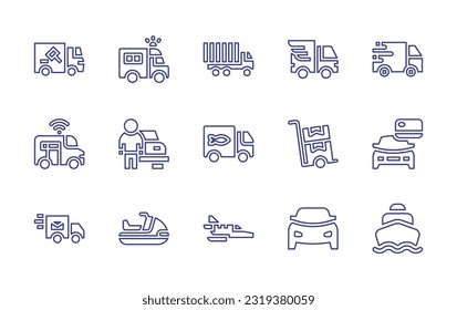 Transportation line icon set. Editable stroke. Vector illustration. Containing transport, transportation, van, smart car, delivery, car, delivery truck, jet ski, private, harbor.