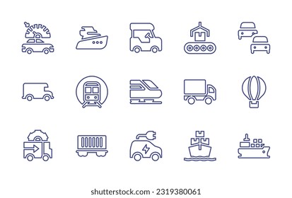 Transportation line icon set. Editable stroke. Vector illustration. Containing cruise control, yatch, golf cart, conveyor, transportation, van, metro, train, air balloon, truck, freight wagon.