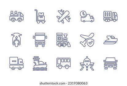 Transportation line icon set. Editable stroke. Vector illustration. Containing car, trolley, plane, delivery truck, logistics delivery, electric scooter, bus, locomotive, travel insurance, yacht, side