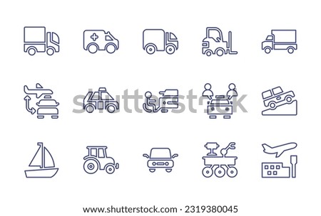 Transportation line icon set. Editable stroke. Vector illustration. Containing truck, ambulance, automobile, forklift, delivery truck, transfer, taxi, car, sharing, jeep, sailboat, tractor, mars rover