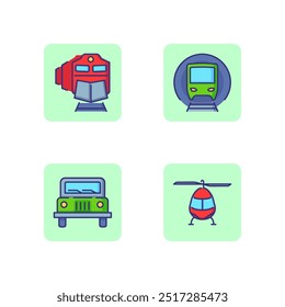 Transportation line icon set. Freight train, subway, helicopter and jeep. Logistics concept. Vector illustration for web design and apps