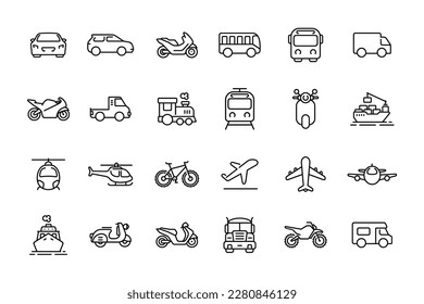 Transportation line icon set isolated on white background