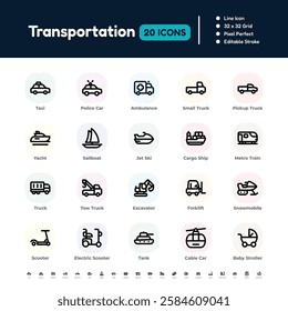 Transportation Line Icon Set – Pixel Perfect Editable Stroke Vector Design