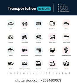 Transportation Line Icon Set – Pixel Perfect Editable Stroke Vector Design