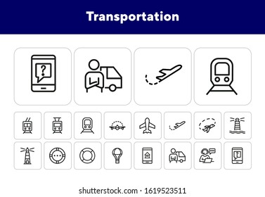 Transportation line icon set. Plane, train, trolley, lighthouse, courier. Transport concept. Can be used for topics like delivery, travel, shipment, sea