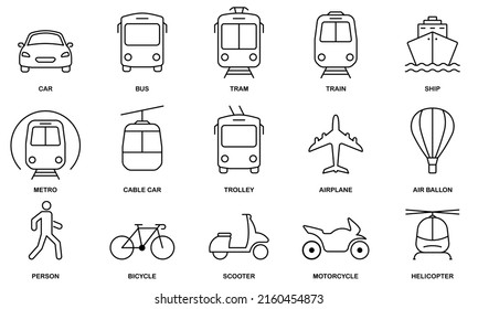 Transportation Line Icon Set. Public Transport Station Linear Symbol. Vehicle, Air, Railway, Motorcycle Transport Outline Icon. Travel Transport Design. Editable Stroke. Isolated Vector Illustration.