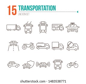Transportation line icon set. Tram, camper, van, bus, bicycle. Transport concept. Can be used for topics like vehicle, traffic, travel, delivery