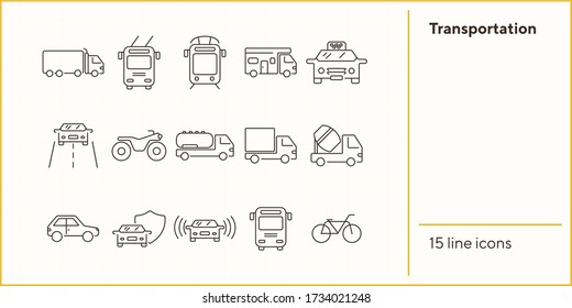 Transportation line icon set. Tram, camper, van, bus, bicycle. Transport concept. Can be used for topics like vehicle, traffic, travel, delivery