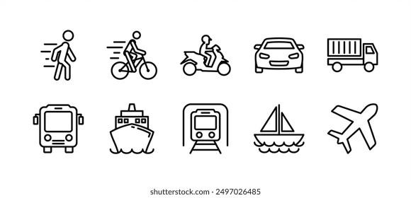 Transportation line icon set. Transport icon collection. Containing walk, bicycle, motorcycle, motorbike, train, car, truck, aeroplane, plane, bus, ship, sailboat, and aircraft for delivery 