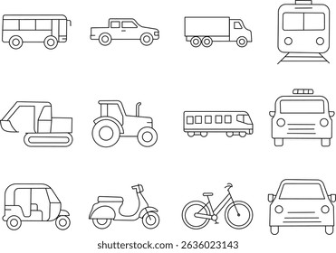 Transportation line icon set. Vector pictograms of car, bus, truck, train, scooter, rickshaw, tractor, excavator, bicycle, linear outline style