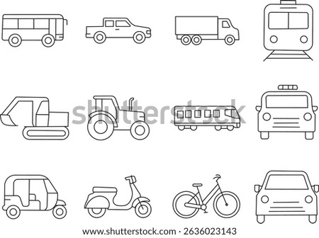 Transportation line icon set. Vector pictograms of car, bus, truck, train, scooter, rickshaw, tractor, excavator, bicycle, linear outline style