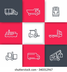 Transportation Line Icons, Cargo Truck, Freight Train, Forklift, Vector Illustration