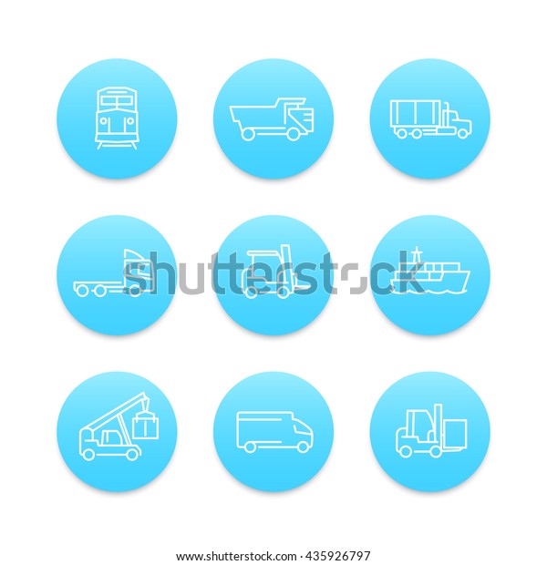 Transportation line icons, forklift, cargo\
ship, train, cargo truck, transit, transportation linear\
pictograms, round blue icons on white, vector\
illustration