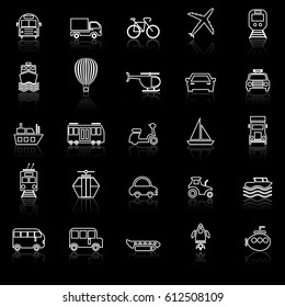 Transportation line icons with reflect on black background, stock vector