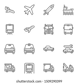 Transportation line icons set. linear style symbols collection, outline signs pack. vector graphics. Set includes icons as spaceship, airplane, railway train, taxi car, metro, delivery truck, ship 