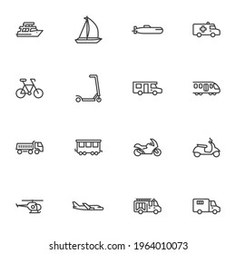 Transportation line icons set, outline vector symbol collection, linear style pictogram pack. Signs logo illustration. Set includes icons as yacht boat, train, bicycle, motorcycle, scooter, bus, truck