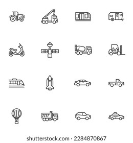Transportation line icons set, outline vector symbol collection, linear style pictogram pack. Signs, logo illustration. Set includes icons as tractor, train, sedan car, truck, boat, scooter, satellite