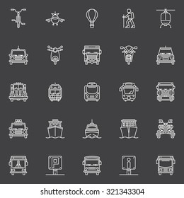 Transportation line icons - vector set of transport signs or logo elements on dark background