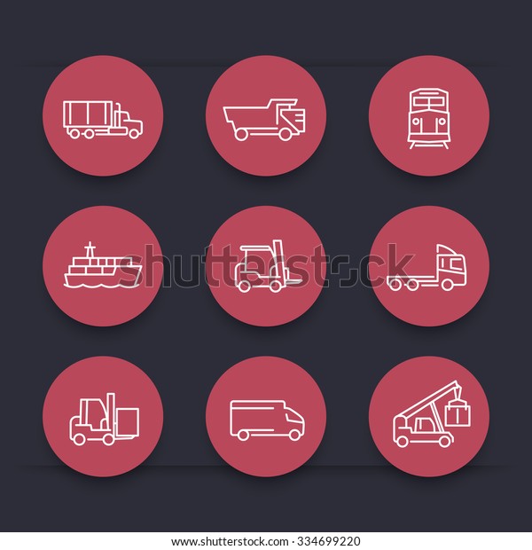 Transportation, line round red\
icons, Forklift, Cargo ship, Freight train, Cargo truck, vector\
illustration