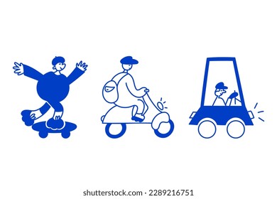 Transportation linear flat vector abstract concept illustrations set in blue colors.