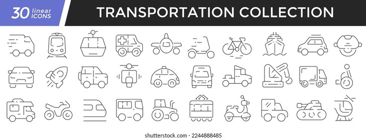 Transportation linear icons set. Collection of 30 icons in black