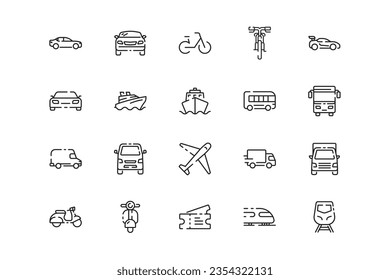 Transportation lines icon set. Transportation genres and attributes. Linear design. Lines with editable stroke. Isolated vector icons.