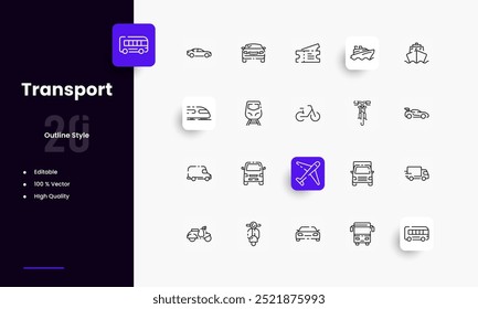 Transportation lines icon set. Transportation genres and attributes. Linear design. Lines with editable stroke. Isolated vector icons.