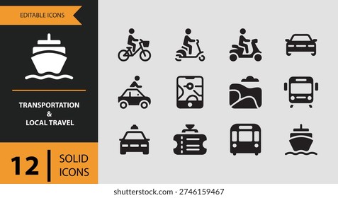 Transportation and local travel solid icons including bus taxi train metro car rental and urban mobility services