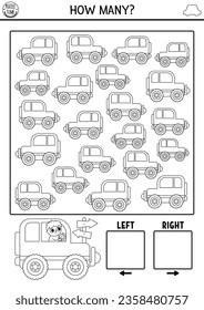 Transportation logic black and white game with right and left concept for kids. I spy searching, counting activity with car. Transport printable space orientation coloring page for preschool children
