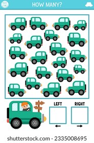 Transportation logic game with right and left concept for preschool kids. I spy searching, counting activity with car. Transport printable space orientation worksheet. Simple spotting puzzle