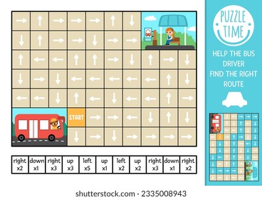 Transportation logic maze for kids with bus and waiting passenger. Transport competition preschool printable activity. Labyrinth game or puzzle with left, right, up, down concept. Find the route
