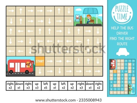 Transportation logic maze for kids with bus and waiting passenger. Transport competition preschool printable activity. Labyrinth game or puzzle with left, right, up, down concept. Find the route
