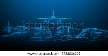 transportation logistic digital technology. blue dark background. vector illustration. importing and exporting goods global. road, water and air delivery. truck, train, ship and plane shipping.