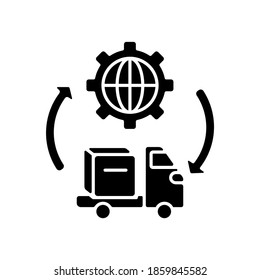 Transportation and logistics black glyph icon. Truck. Warehousing and storage. Distributing materials and products. Inventory control. Silhouette symbol on white space. Vector isolated illustration