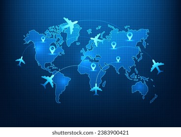 Transportation and logistics business technology Airplanes are pinned on the world map to deliver goods. By using technology and artificial intelligence to help manage the transportation system.