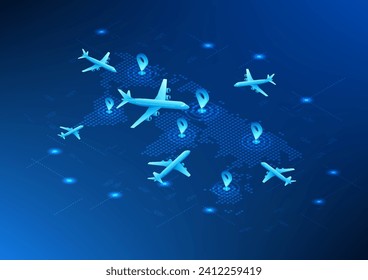 Transportation and logistics business technology background that uses technology for navigation. Pixelated world map with GPS icon pinned to the map. Airplane flying to destination, isometric image