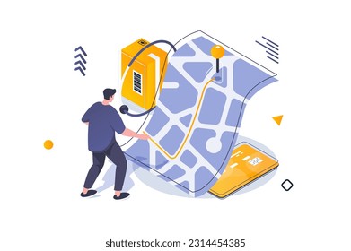 Concepto de logística de transporte en diseño isométrico 3d. El hombre pide la entrega de cajas, el pago y el seguimiento de la ruta del coche en el mapa en línea. Ilustración vectorial con escena de personas isométricas para gráfico web