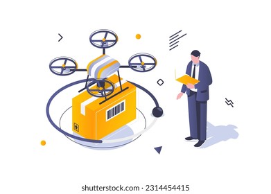 Concepto de logística de transporte en diseño isométrico 3d. Man utiliza el servicio de envío de aviones no tripulados para envío de cajas y rastreo en línea. Ilustración vectorial con escena de personas isométricas para gráfico web
