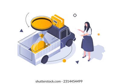 Transportation logistics concept in 3d isometric design. Woman ordering cargo delivery of boxes and waiting for truck car to arrive. Vector illustration with isometric people scene for web graphic