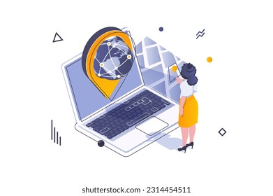 Transportation logistics concept in 3d isometric design. Woman working in global delivery company of export and import, cargo service. Vector illustration with isometric people scene for web graphic