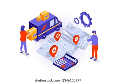 Transportation and logistics concept in 3d isometric design. People loading packaging in truck, calculating shipping price and waiting delivery. Vector illustration with isometry scene for web graphic