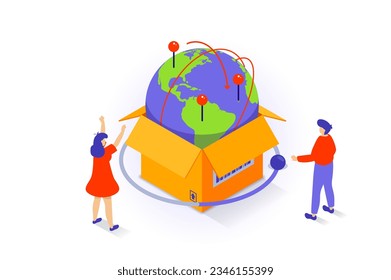 Transportation and logistics concept in 3d isometric design. People use international delivery company service with shipping in world points. Vector illustration with isometry scene for web graphic