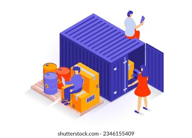 Transport- und Logistikkonzept in 3D isometrischer Form. Menschen, die Boxen zum Containerschiff laden, Fässer und Pappverpackungen liefern. Vektorgrafik mit Isometrie-Szene für Web-Grafik