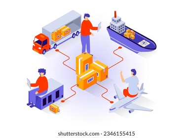 Transportation and logistics concept in 3d isometric design. People working in global delivery company with developed shipping infrastructure. Vector illustration with isometry scene for web graphic