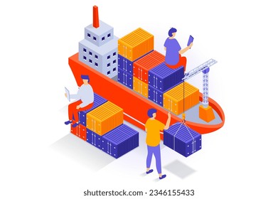 Transportation and logistics concept in 3d isometric design. People work in delivery company with commercial marine shipping by cargo ship. Vector illustration with isometry scene for web graphic