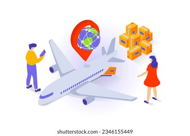 Transport- und Logistikkonzept in 3D isometrischer Form. Die Menschen nutzen den Service eines globalen Lieferunternehmens für den Luftverkehr und den Luftfrachtverkehr. Vektorgrafik mit Isometrie-Szene für Web-Grafik