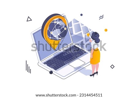 Transportation logistics concept in 3d isometric design. Woman working in global delivery company of export and import, cargo service. Vector illustration with isometric people scene for web graphic